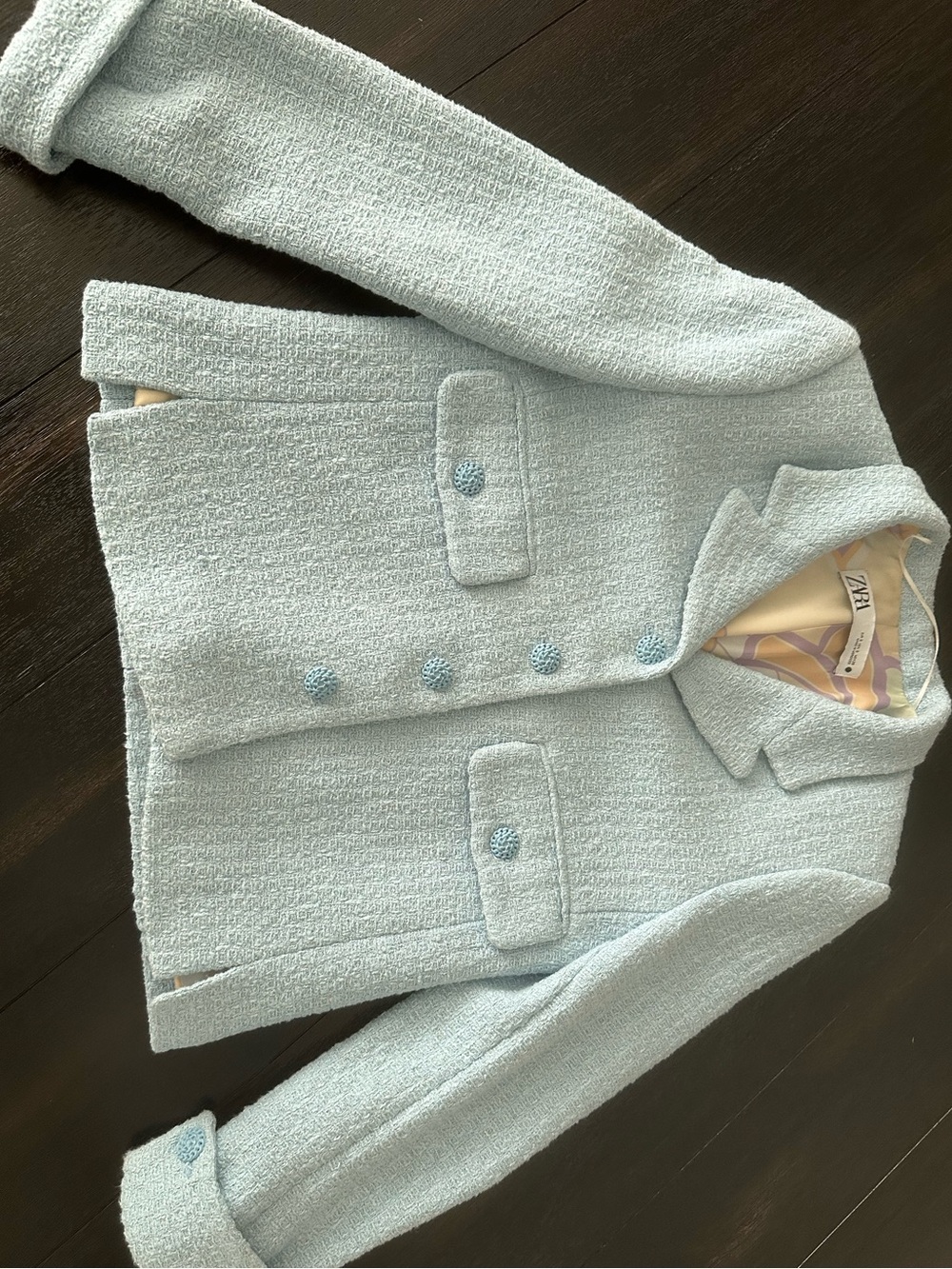 Zara Pastel Blue Bouclé Blazer with Button Detailing